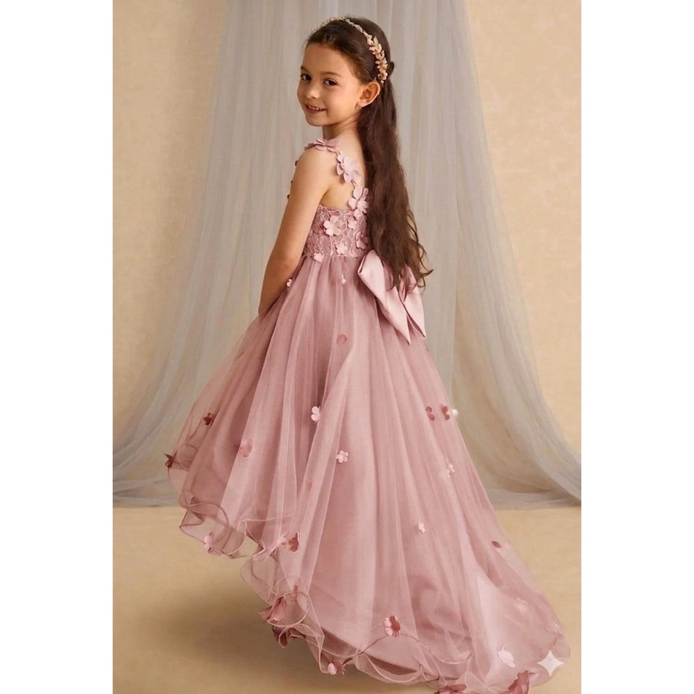 Fairycore Girls High Low Flower Girl Dress Dusty Pink Mauve Size 7 Lace Flowers